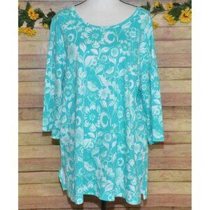 Woman Within Floral Print 3/4 Sleeve Top Casual Comfort Plus Size 1X Green White